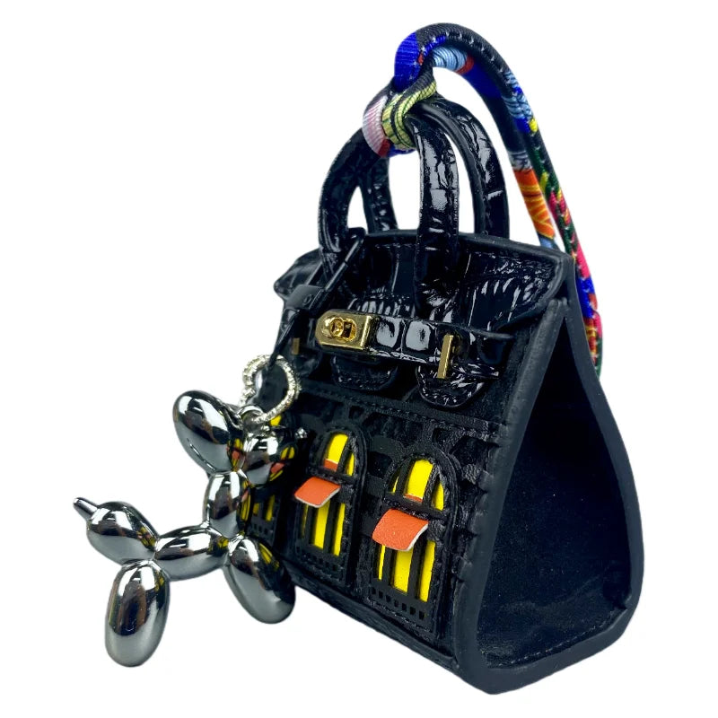 Handcrafted Mini House-Shaped Handbag with Puppy Keychain Suede Touch Bag Charm Purse Accessory for Earphones Coins Lipsticks