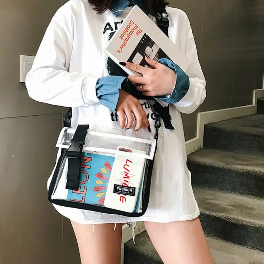 Square PVC Messenger Bag Large Capacity Button Transparent Crossbody Bag with Removable Strap Waterproof Casual Shoulder Bag