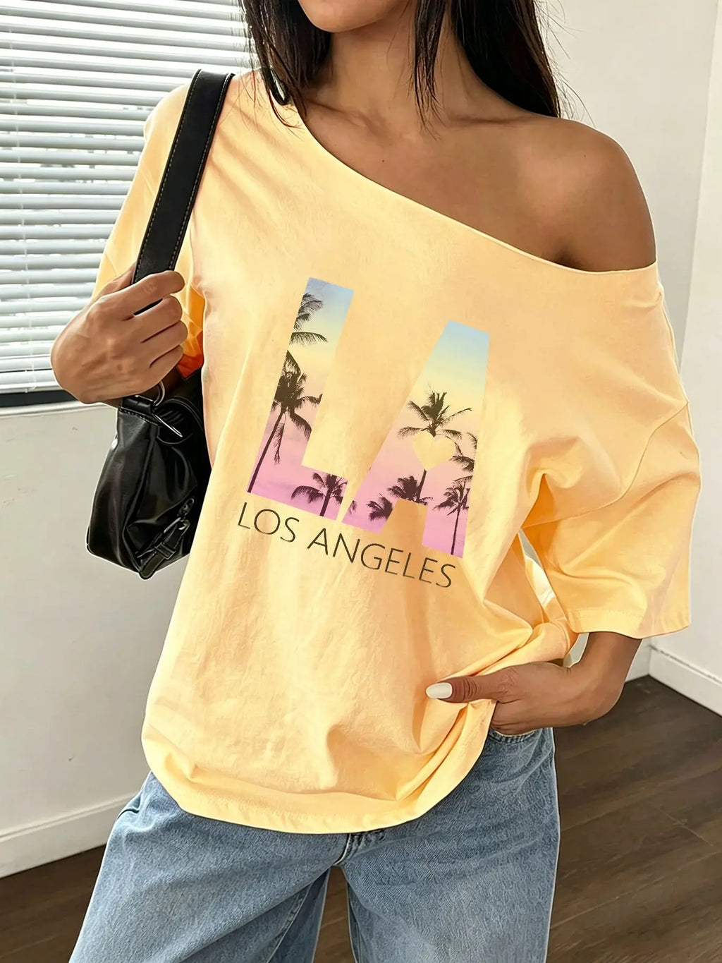 100% Cotton Plus Size Los Angeles Palm Tree Sunset Graphic Shoulder Loose Print T-Shirt Oversized Y2K Style Graphic Tees Wome