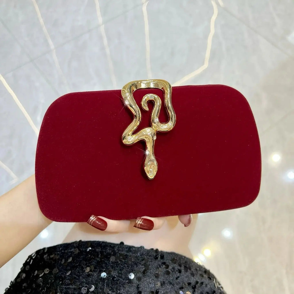 New Velvet Clutch for Women, Elegant Crossbody Bag with Snake-Shaped Buckle & Rhinestone Decoration, Luxury Evening Handbag