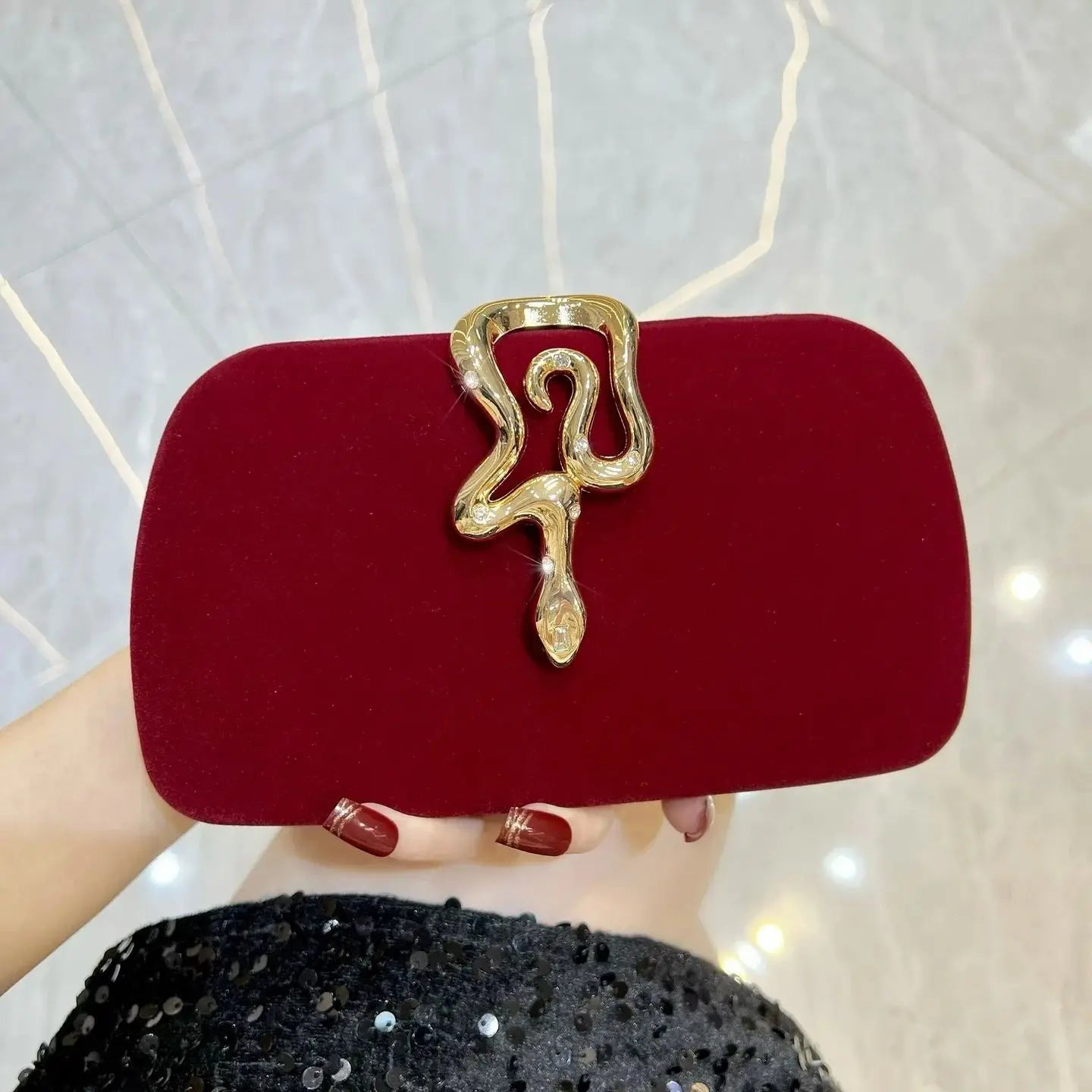 New Velvet Clutch for Women, Elegant Crossbody Bag with Snake-Shaped Buckle & Rhinestone Decoration, Luxury Evening Handbag