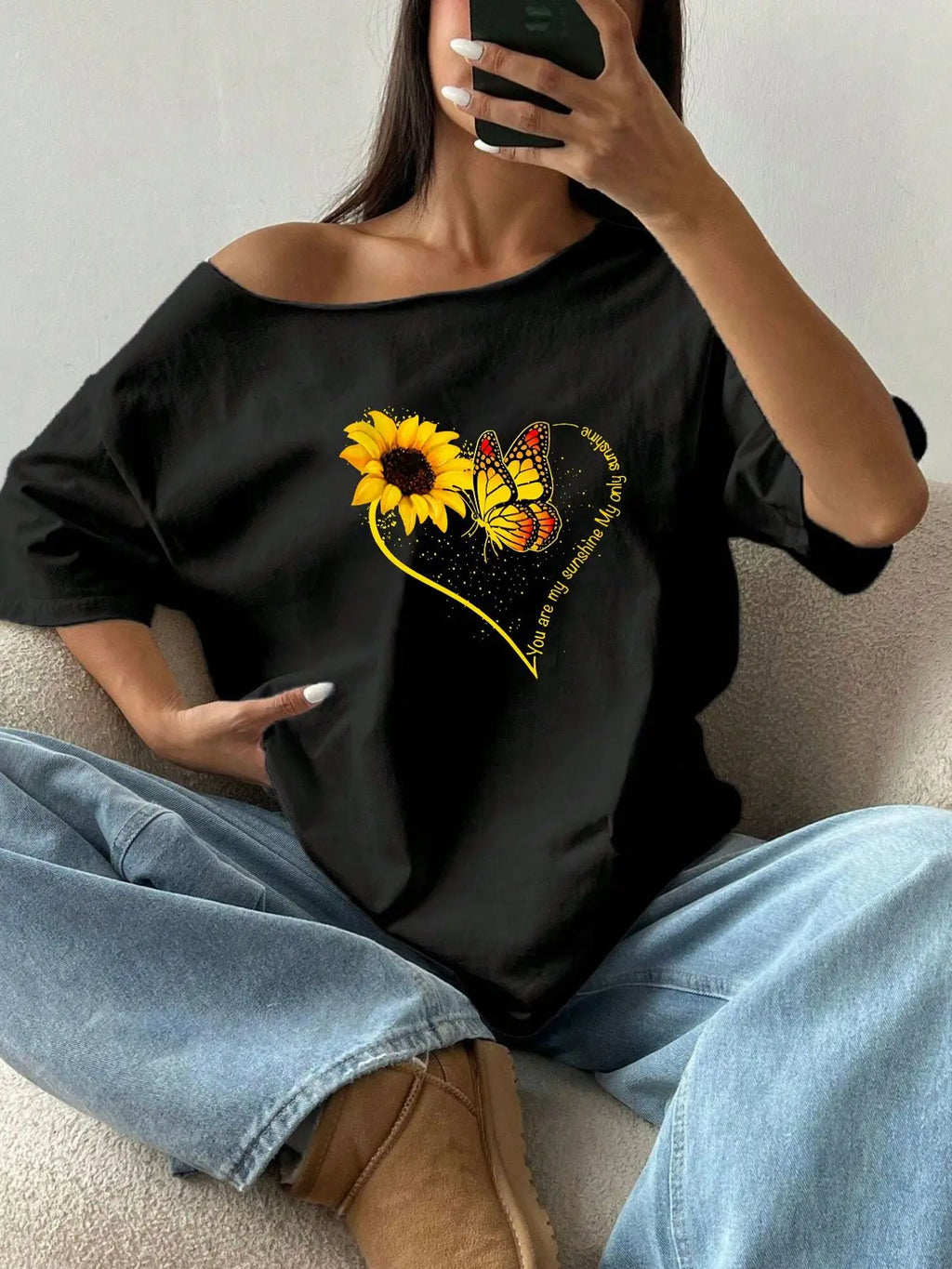 100% Cotton Plus Size Sunflower Butterfly Print Shoulder Loose Print T-Shirt Oversized Y2K Style Graphic Tees Women Tops Summ