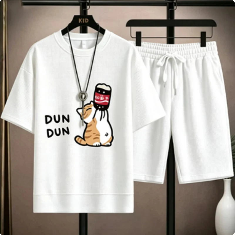 Cute cartoon cat funny print pattern loose short-sleeved set for men - casual waffle-style sports outfit