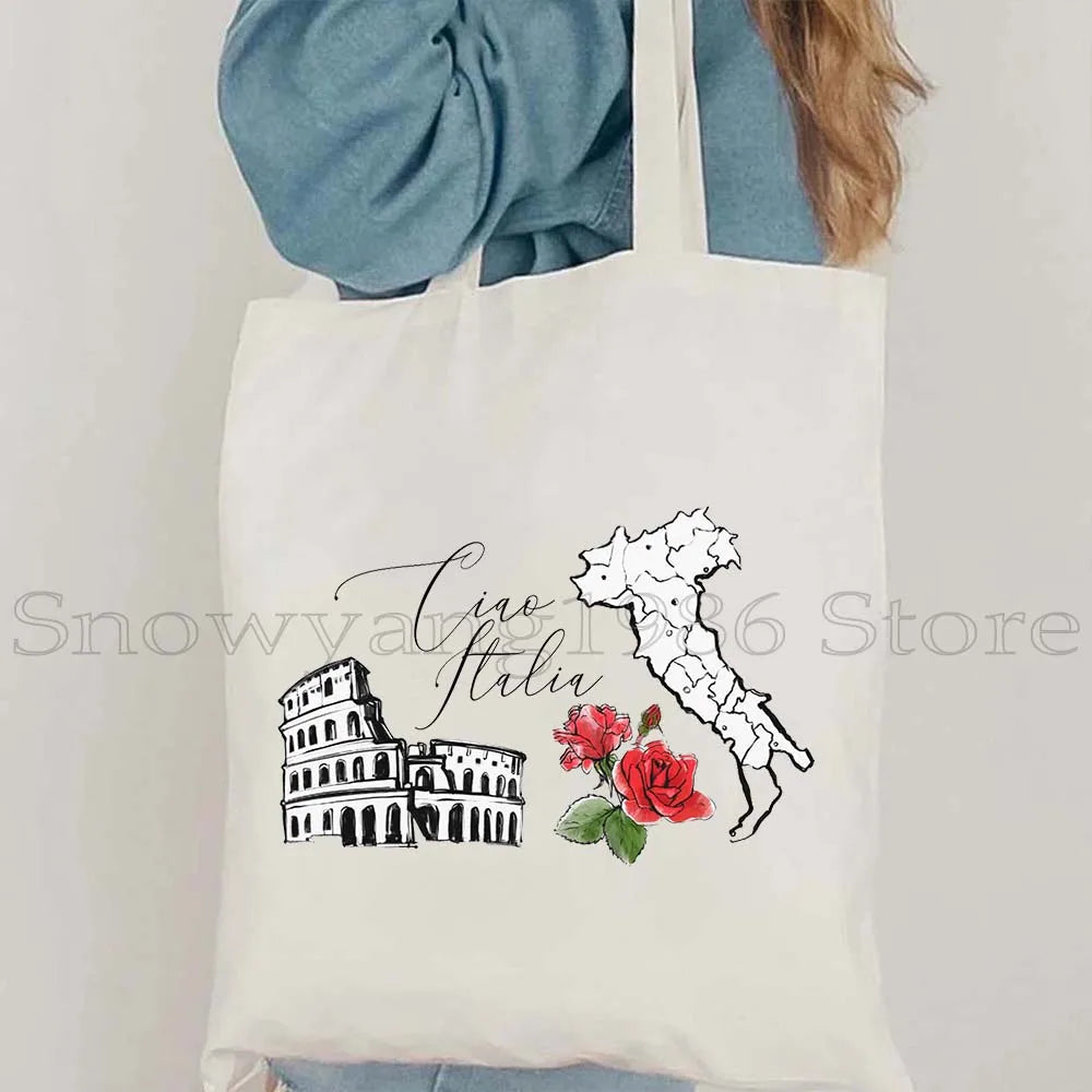 Funny Ciao Bella Saying Italy Flag Rome Colosseum Firenze Florence Panorama Italian Canvas Tote Bag Shopper Girl Casual Handbag