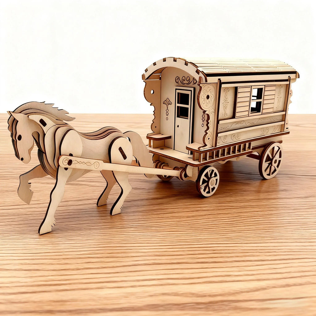 OUZEY DIY Wooden Blocks Antique Horse Carriage Wooden Model, 3D Fairytale Puzzle Kit, Romantic Collectible Gift for Adults