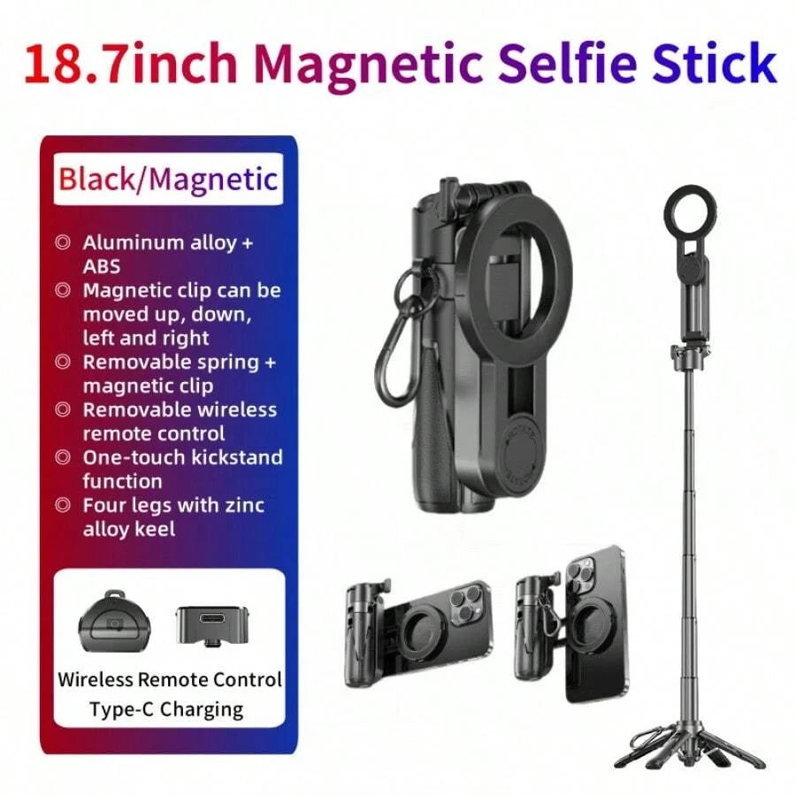 P15MiNi-C Upgraded Magnetic Model: Portable, multifunctional selfie stick, ideal for travel, live streaming, and selfies; smartphone tripod; made of aluminum alloy and ABS; 47.5 cm / 18.7 inches; 193 grams; Type-C charging wi