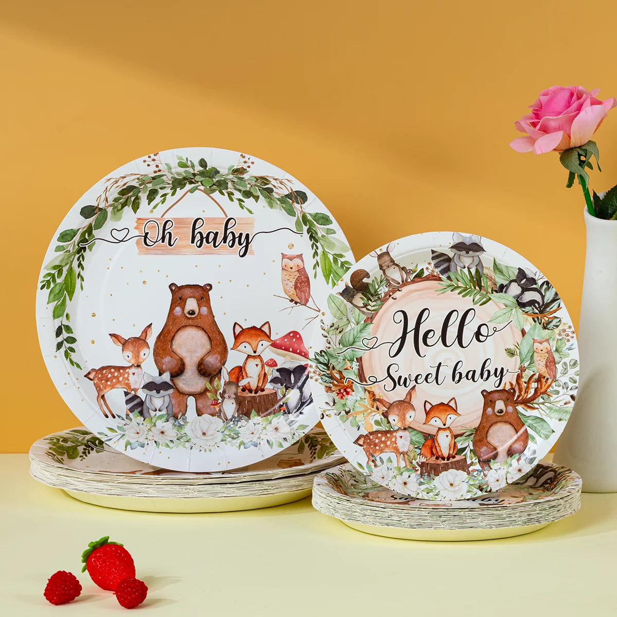 10/25/50pcs Watercolor Woodland Creatures Disposable Paper Plates for Nature Inspired Baby Party Supplies