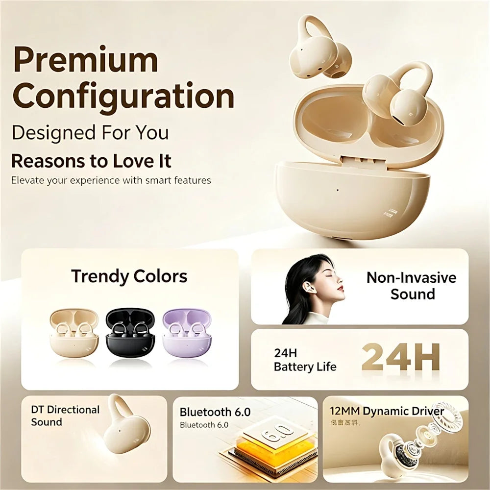 OWS Fashion Ear Clip Bluetooth Wireless Earphone Leather Texture Long Endurance Sports Run Sports Call Noise Reduction Headphone