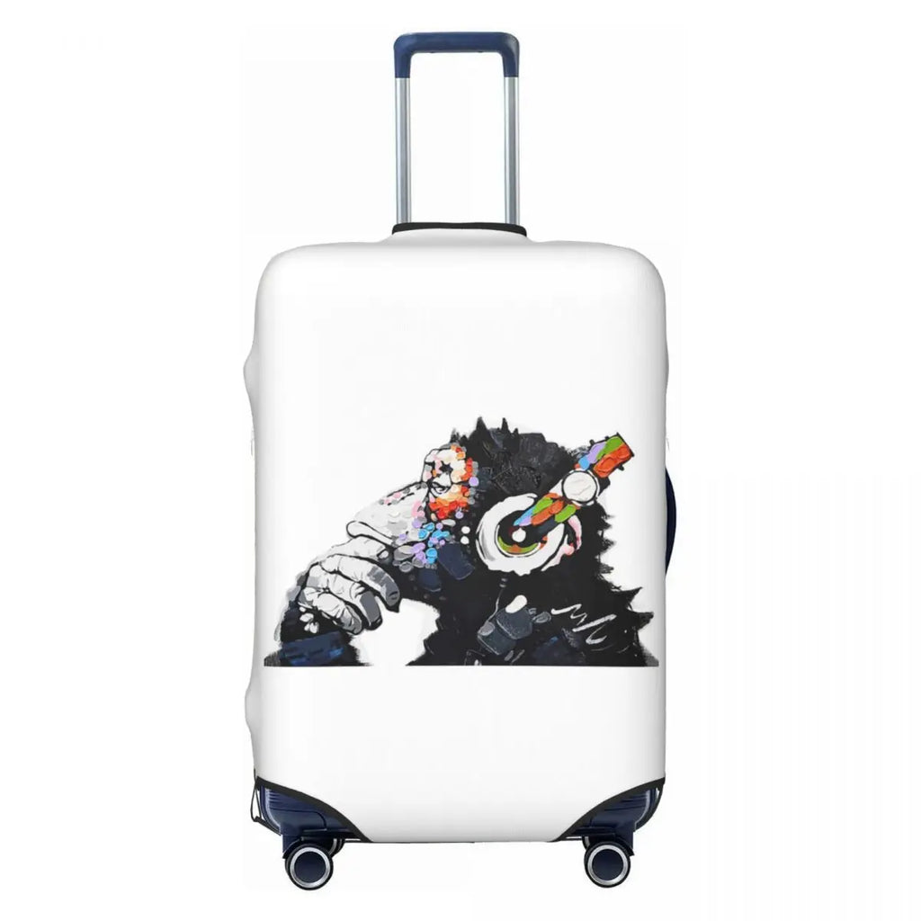 Banksy DJ Monkey Thinker With Headphones White Suitcase Cover Protection Elastic Travel Luggage Protector Covers for 18-32 Inch