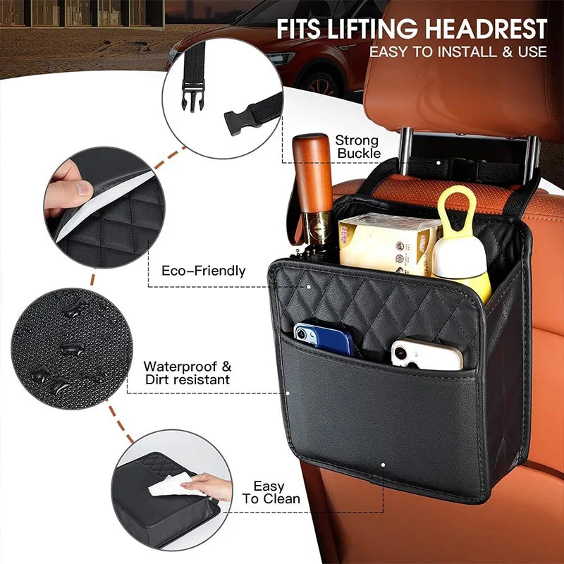 PU Leather Multi-functional Car Seat Storage Bag Hanging Seat Back Tissue Water Cup Holder Portable trash can Backseat Organizer