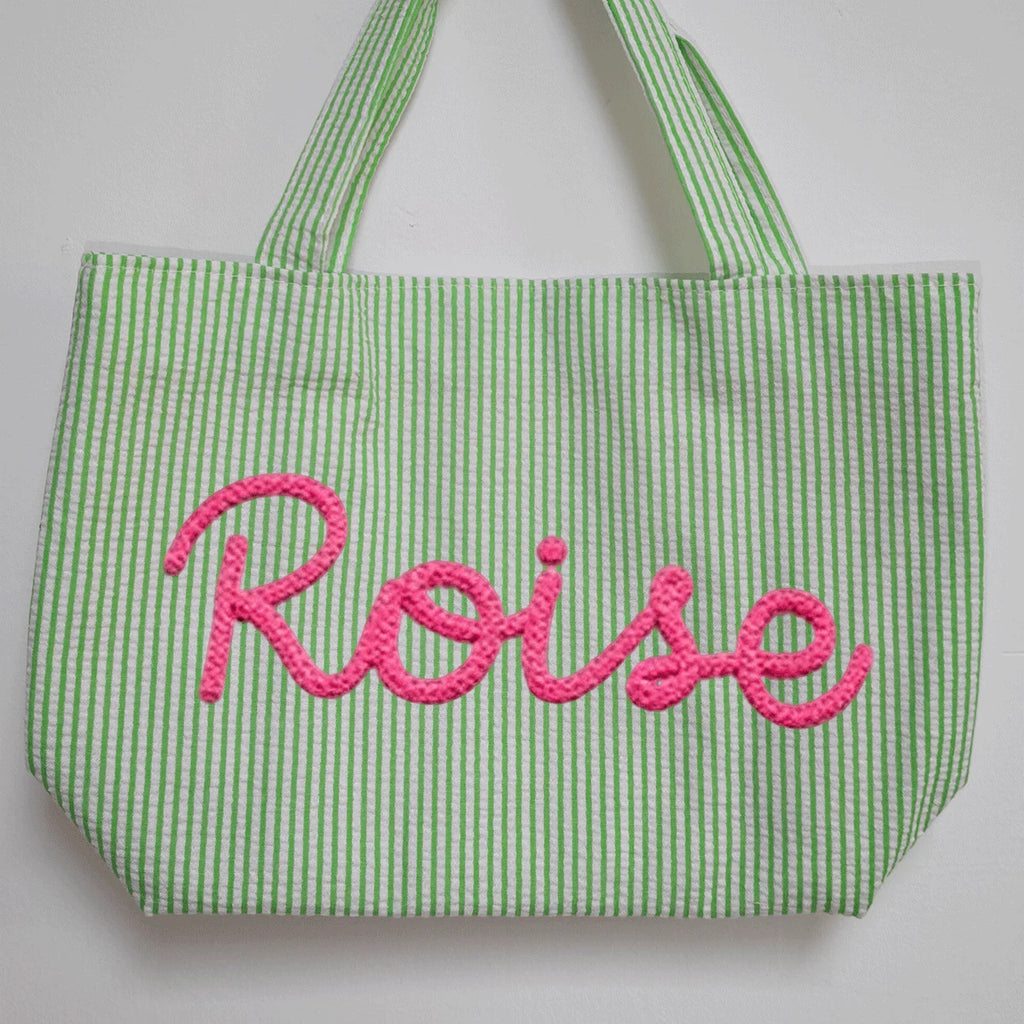 Custom Seersucker Cosmetic Handbag and Travel Organizer — Personalized Chenille Letter Toiletry Bag and Summer Beach Tote