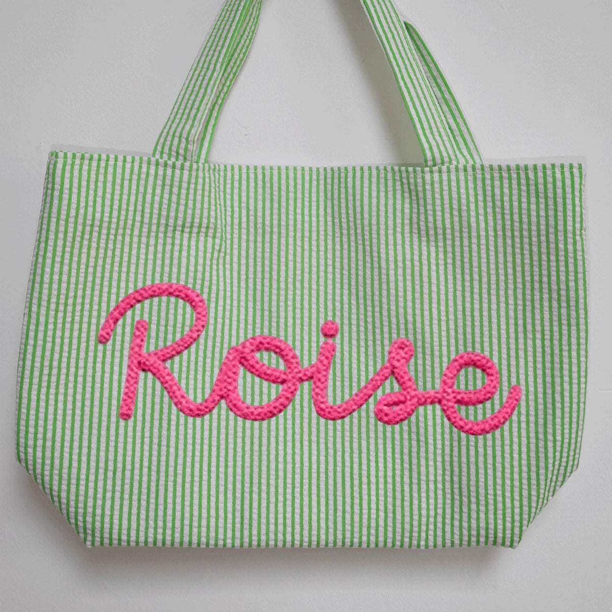 Custom Seersucker Cosmetic Handbag and Travel Organizer — Personalized Chenille Letter Toiletry Bag and Summer Beach Tote