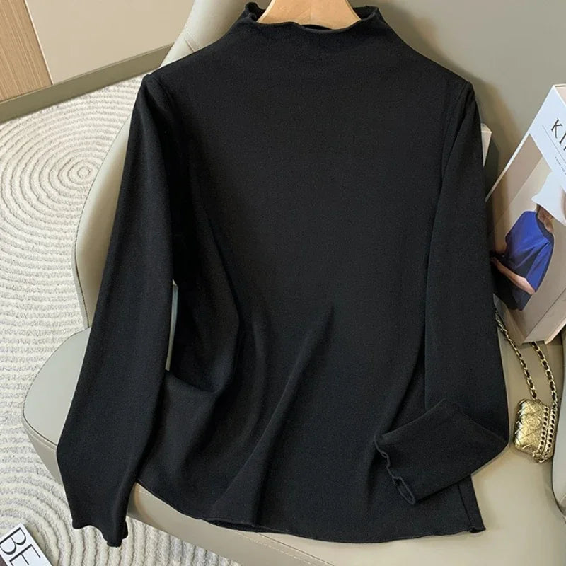 Inner Wear Autumn Winter Fleece Lined Fashion Big Size Tops 2026 Plus Size Women's Long Sleeve Turtleneck Velvet Base T-shirt
