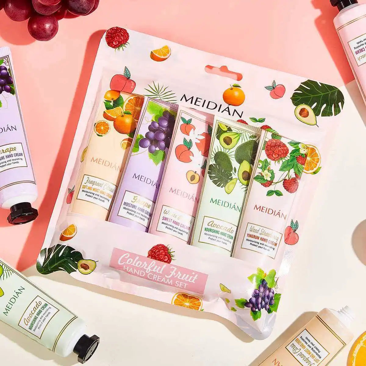 Five piece fruit scented hand cream for moisturizing and long-lasting fragrance retention. Hand care mask cream