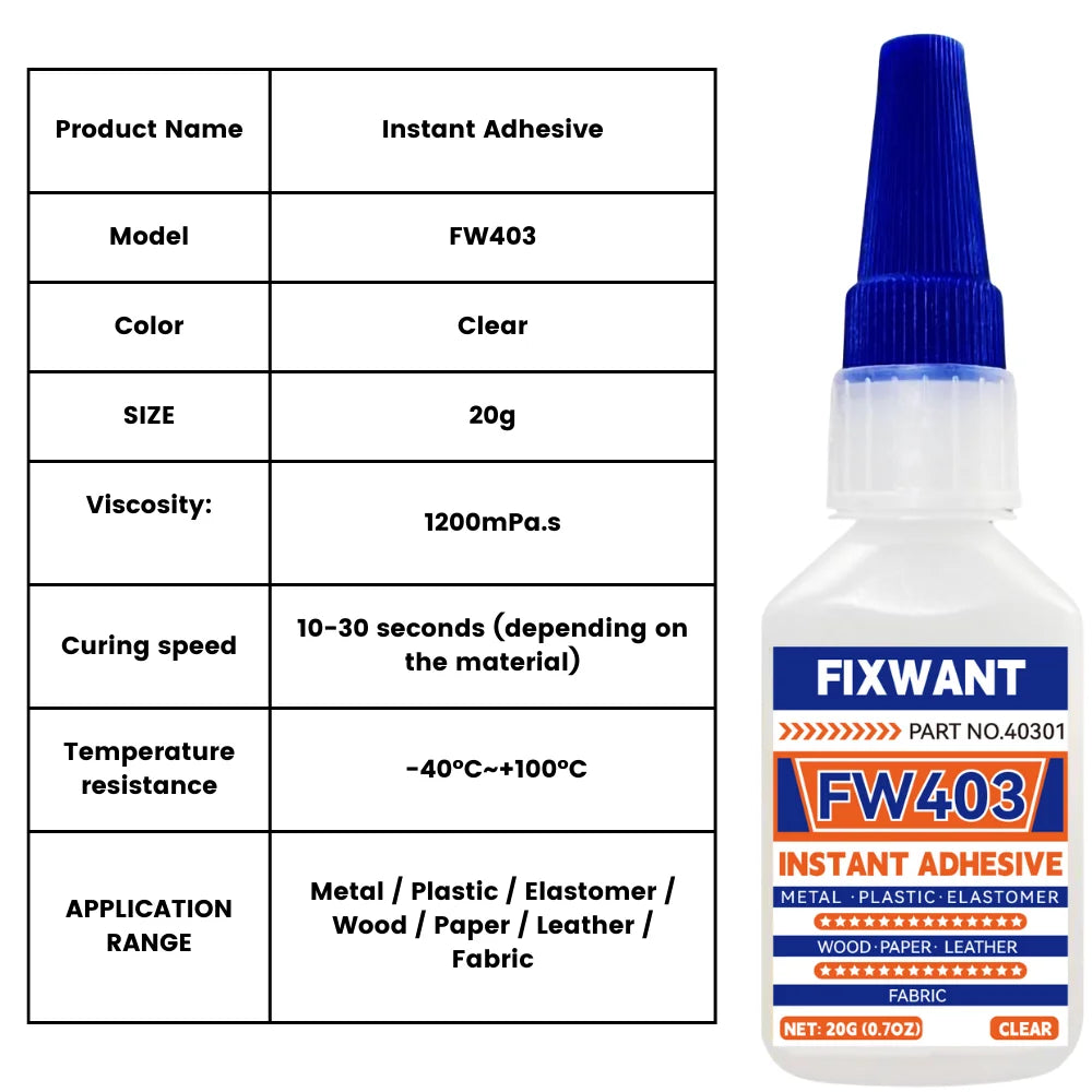 Instant Adhesive FW401/ 403/ 406/ 454/ 460/ 480/ 495/ 496/ 498/ 609 Super Glue Extra Strong Multi-purpose Cyanoacrylate