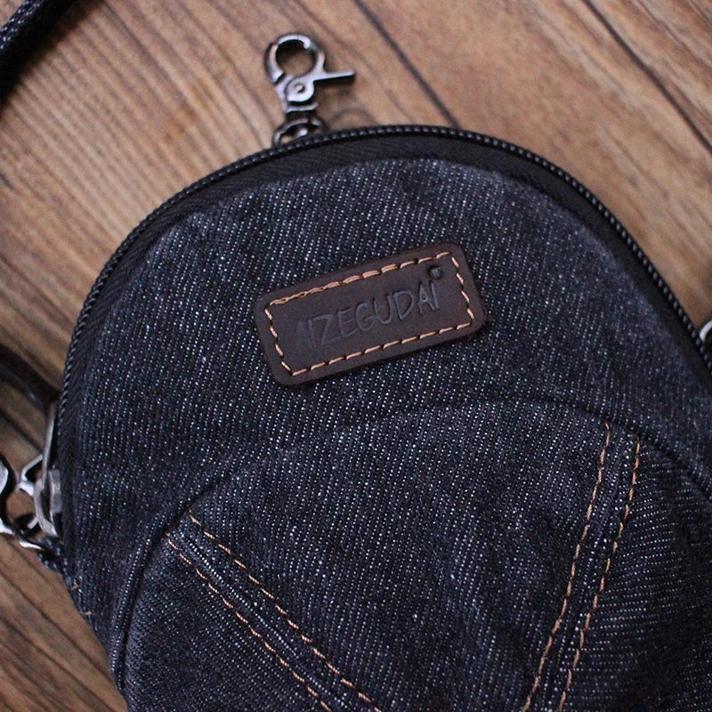 Retro Denim Mobile Phone Bag Unisex  Crossbody Casual Versatile Trendy Korean Style Zipper Closure Pure Color round Shape