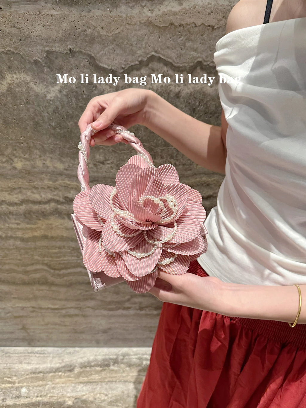 Retro Chinese Style Pearl Twist Flower Bag Rose 3D Pink Fairy Crossbody Women's Bag Handbag Casual Summer Fashion