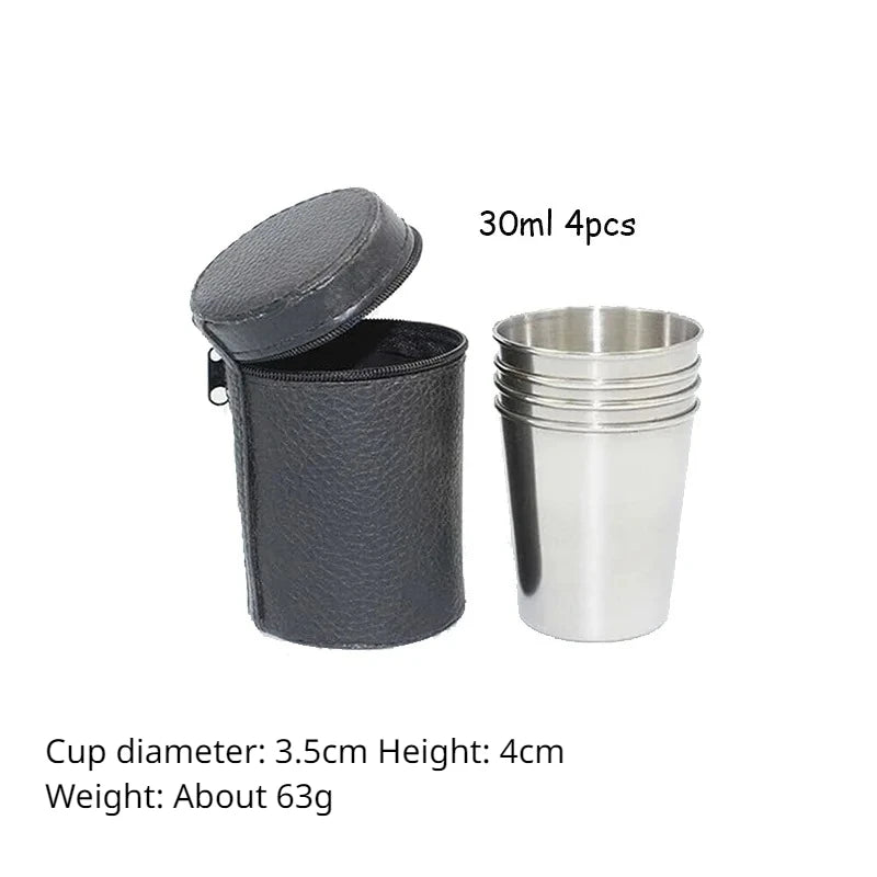 4-Piece Stainless Steel Water Glass with Black Leather Carrying Case Outdoor Camping Practical Travel Whiskey Wine Glass