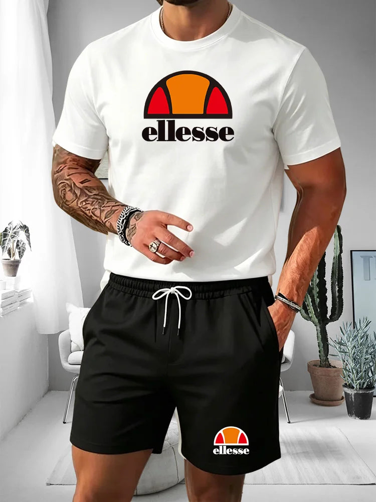 2026 Summer New Men's Fashion Outdoor Sports Set Printed Short Sleeve T-shirt+Shorts Loose Home Leisure Two Piece Set