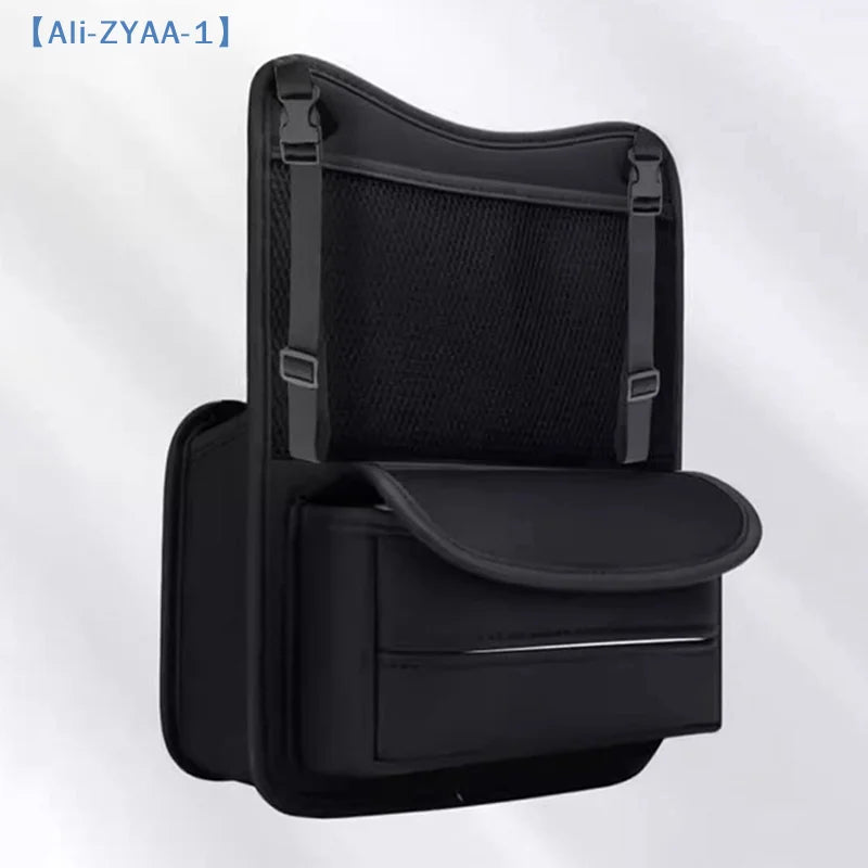 【ZYAA-1】One Durable PU Leather Car Seat Storage Bag With Cup Holder, Side Pockets And Front Storage Compartment.