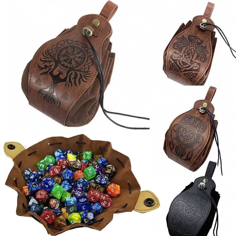 Genuine Leather DND Dice Bag Tray - Cute Drawstring Pouch RPG D&D Roleplaying Coin Purse Gift Ideas STZ04