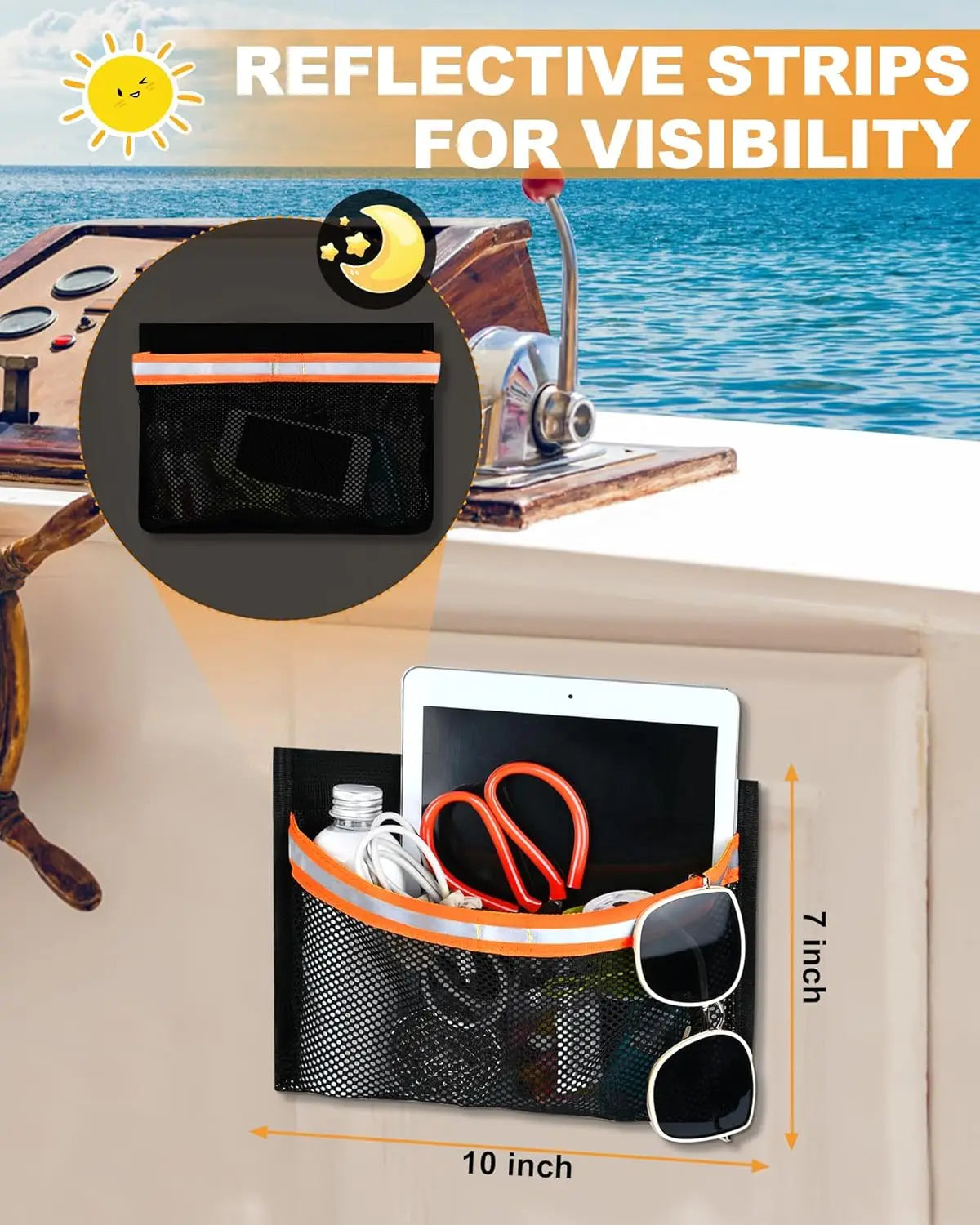 Self-adhesive Boat Storage Bag with Lid Reflective Leak-Proof Boat Marine Mesh Bag Strong Adhesive Boat Storage Fishing Tools