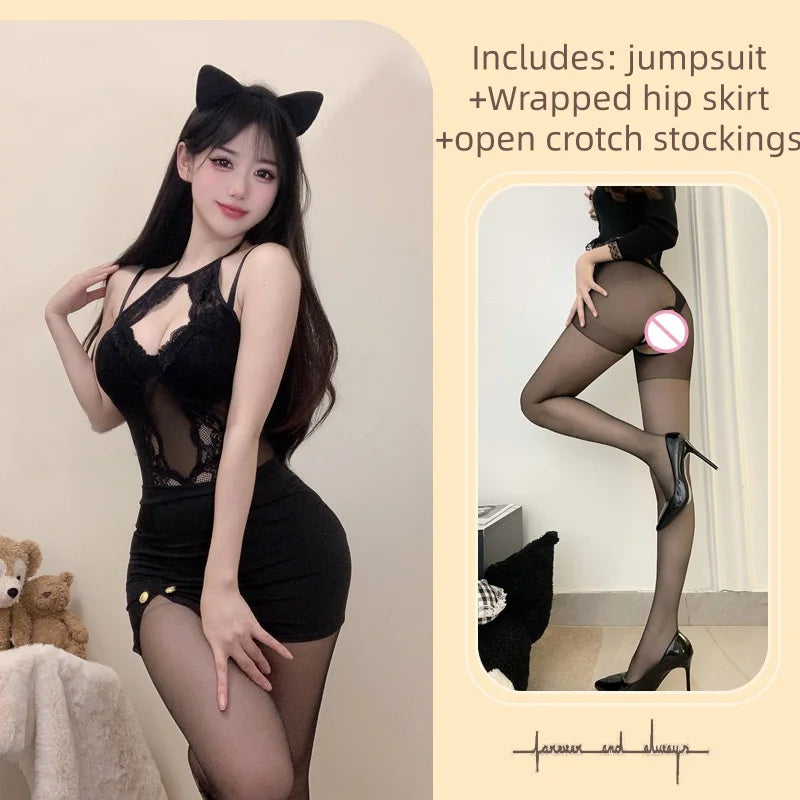 New Wrapped Hip Skirt Tight-fitting Hot Sleeveless Flirtatious Lace Mesh See Through Hollowed Out Neckband Tie Lingerie Jumpsuit