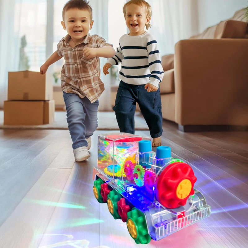 Kids Transparent Gear Train Toy with Colorful Light And Music Educational 360 Degree Rotating Walking Toy Gift for Children