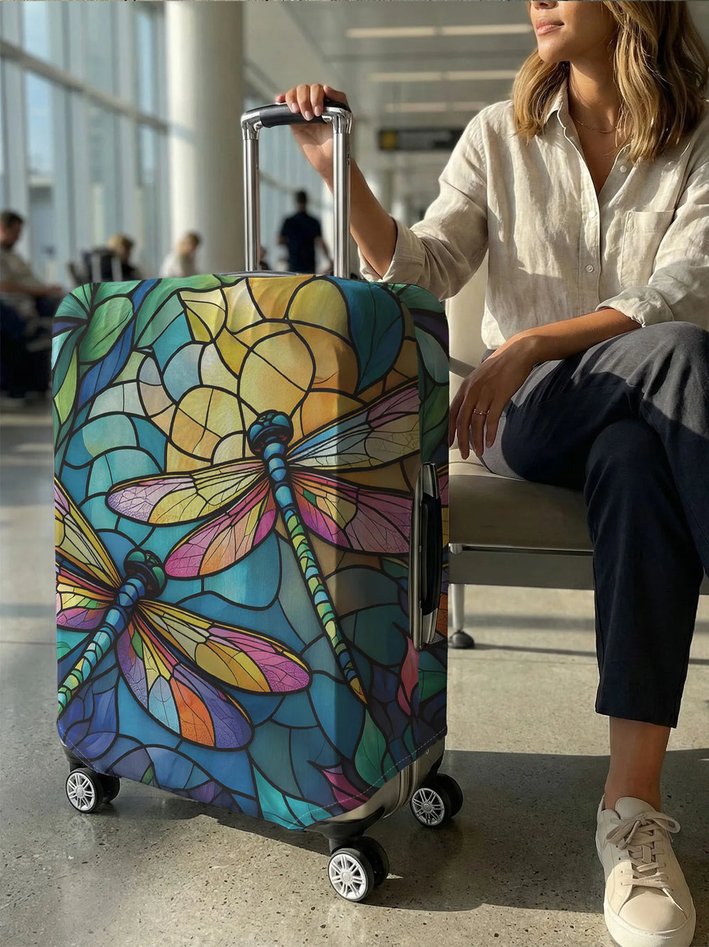 Stained Glass Style Dragonfly Art Luggage Cover, Suitable for 18-32 Inch Luggage Cover, Luggage Handle Glove, Travel Accessories