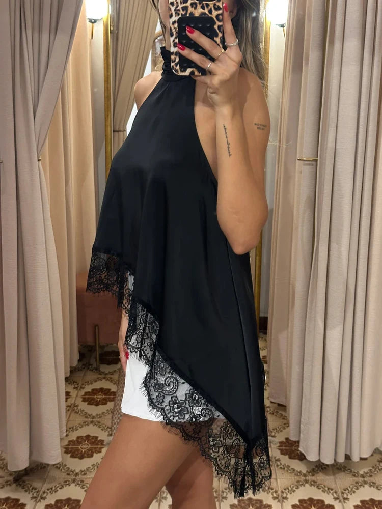 New Plus Size Elegant Black Satin Halter Neck Sleeveless Vest Korean Popular Asymmetrical Hem Lace Plus Size Top Women's Clothes