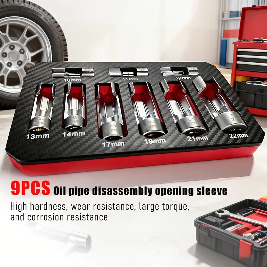 9-Piece 10-22mm Diesel Injector Fuel Line Socket Wrench Set | Suitable for Master Cylinder Lines, Oxygen Sensor Pressure, and Socket Removal Tools
