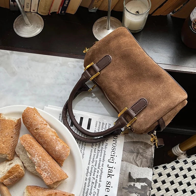 Hot Sale Lady Retro Versatile Velvet Boston Bag Women Korean Mini Handbag Female Classic Daily Commute Crossbody Bag