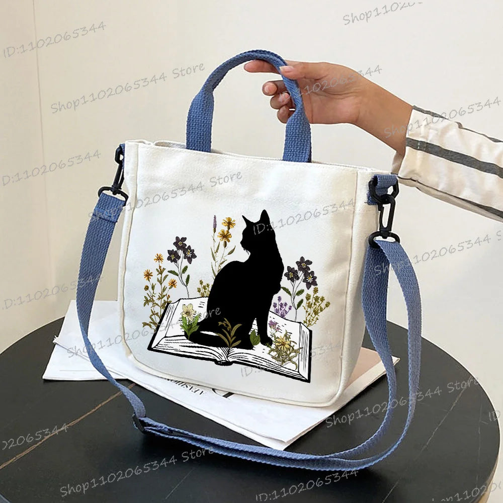 Wild Flower Book and Cat Print Canvas Handbag For Women Multi-Functional Lightweight Crossbody Bag Animal Bookworm Shoulder Bag