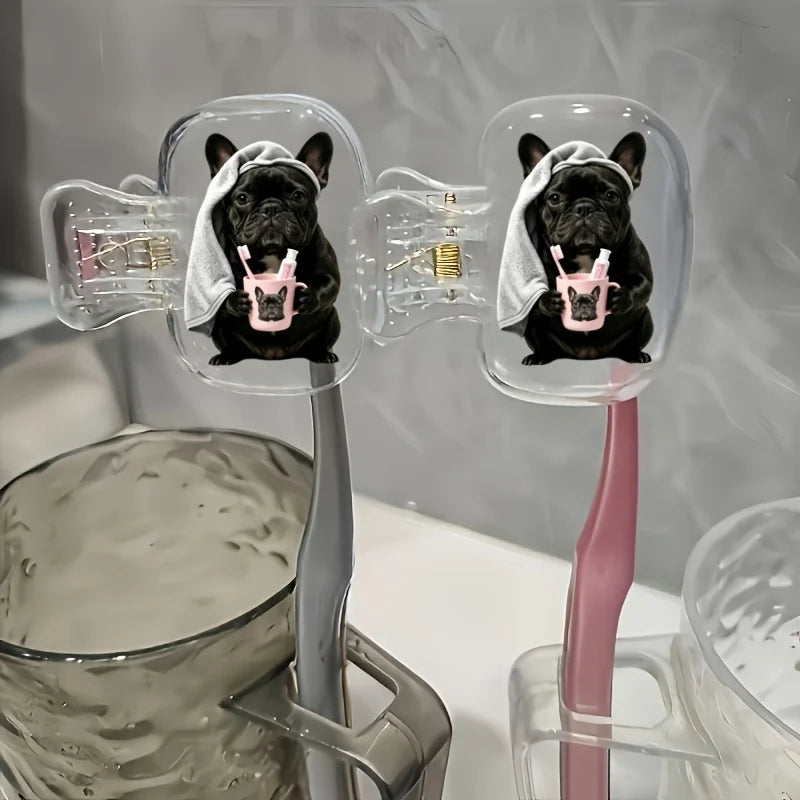 2pcs Cute French Bulldog Portable Toothbrush Head Cover Outdoor Trips Storage Box Daily Use Bathroom Accessory for Home Travel