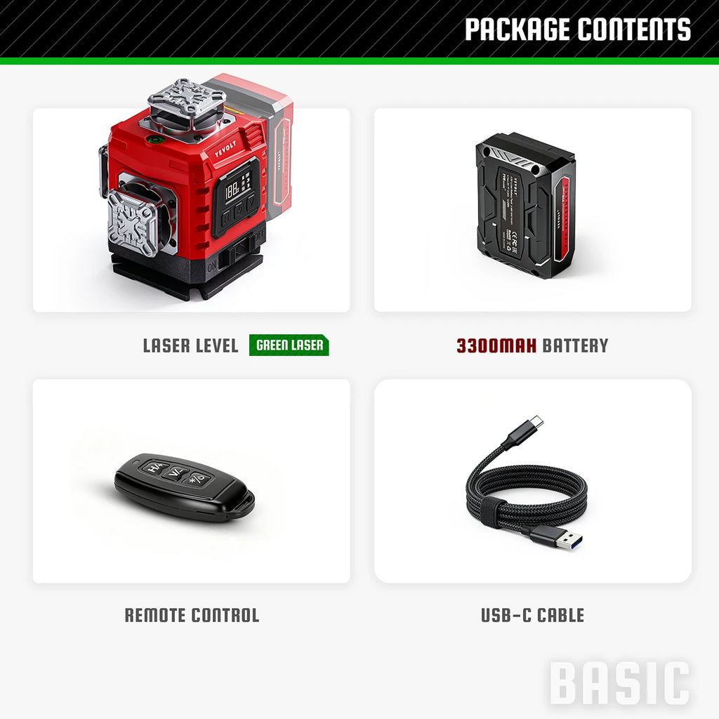 YEVOLT 16‑Line Green Laser Level 4×360° Planes Gravity Self‑Adjust Slope Function Type‑C Power Build & Tile