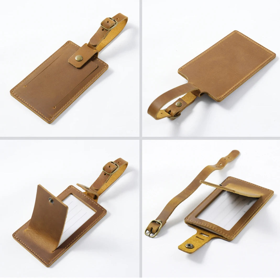 Luggage Tags Genuine Leather Men Women Suitcase Name Baggage Tag Crazy Horse Leather Airplane Labels Travel Accessories