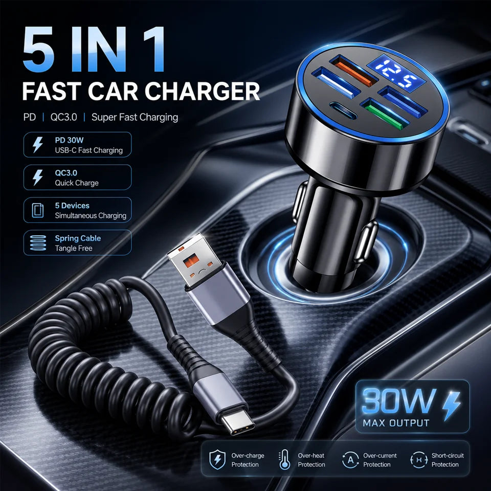 5 Ports Car Charger Fast Charging PD QC3.0 USB C Car Phone Charger + Spring Cable Coil Data Wire Type C Adapter in Car