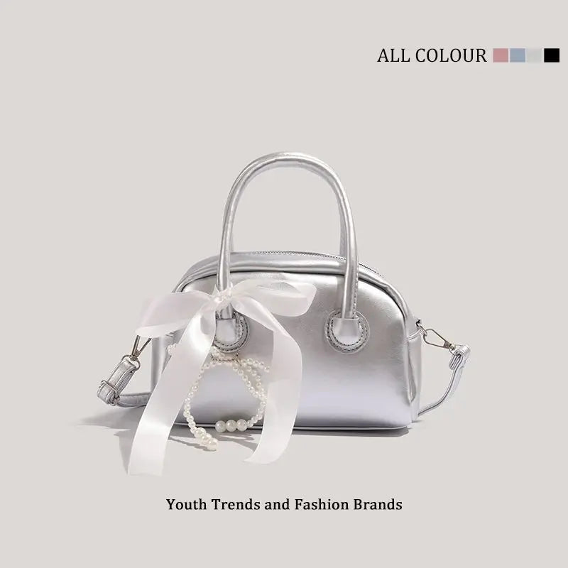 Sweet Mini Boston Bag Women Fashion Pearl Pendant Bow Shoulder Bag Casual Handbag