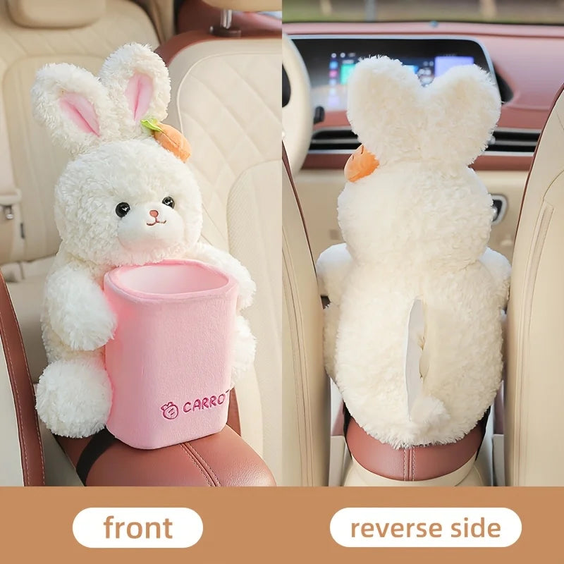 2-in-1 Cute Plush Car Tissue Holder Trash Bin Multifunctional Creative Storage Rack Armrest Storage Cute Car Accessories