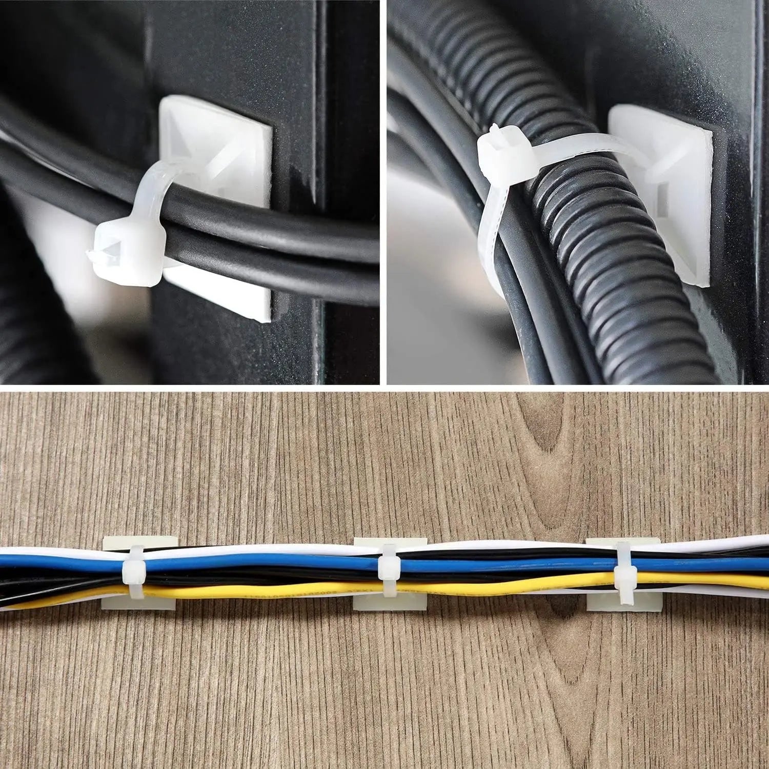 100pcs Self-Locked Nylon Cable Tie+ Nylon Square Plastic 3M Self Adhesive Wire Zip Fixed Seat Holder Cable Tie Mount Base