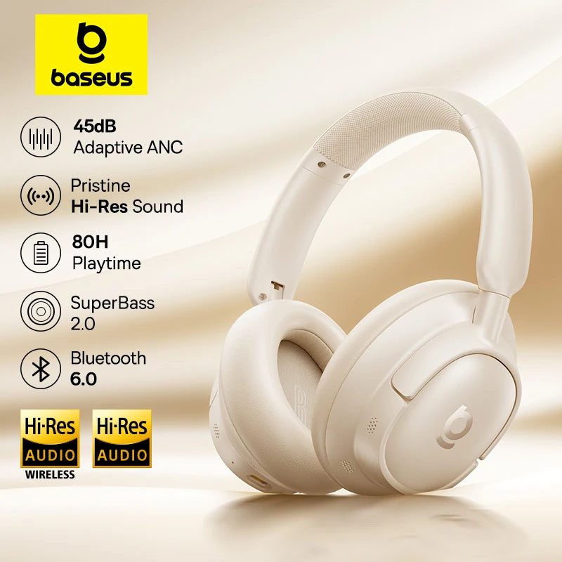 Baseus Bass EH10 NC Wireless Headphones Bluetooth 6.0 Noise Canceling 45dB Over Ear HeadsetSpatial Audio Earphone 80H Time