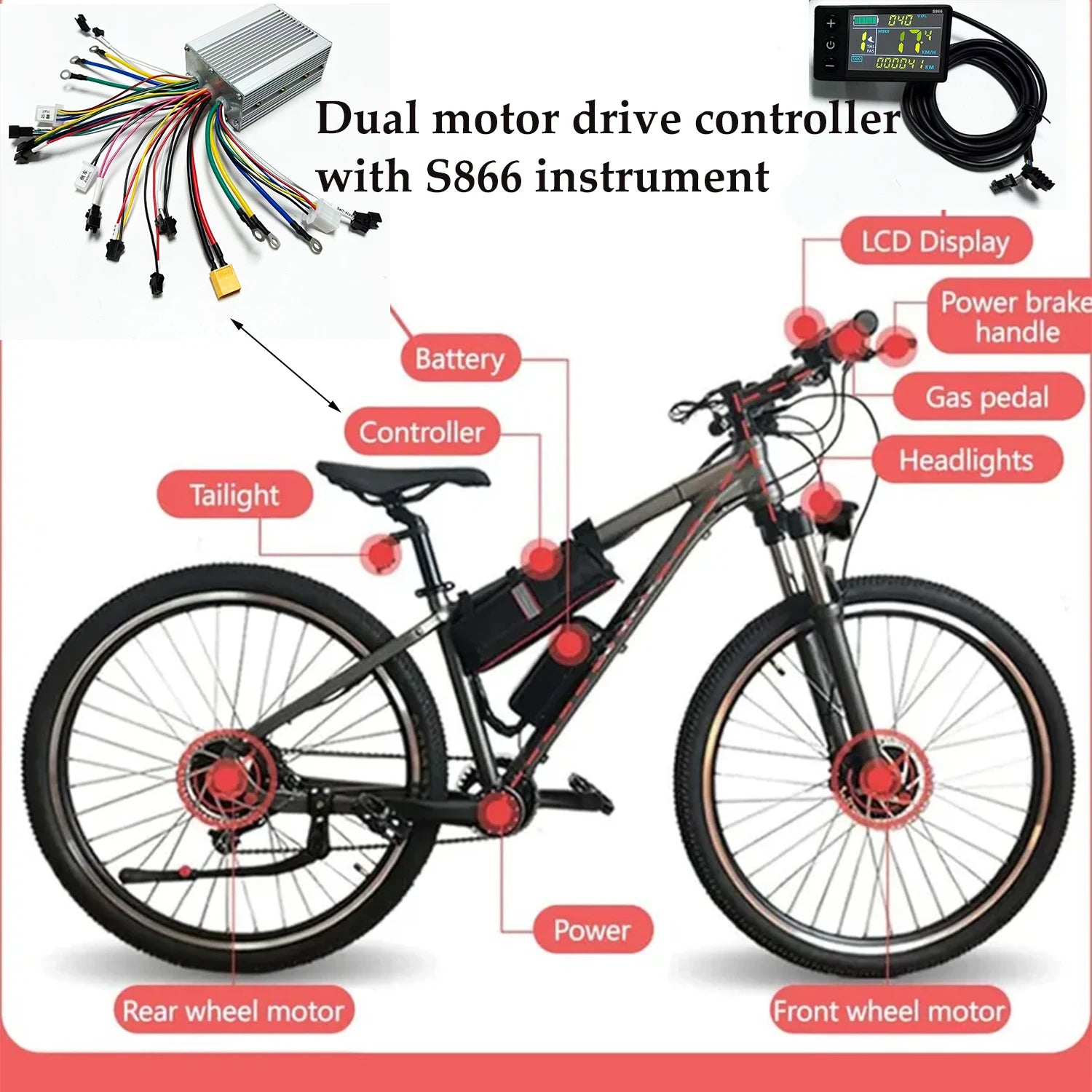 350W-2000W BLDC Dual-Drive Motor Sine Wave E-bike Controller with S866 UART NO.2 Protocol 36V-52V 25A-50A 3-Mode for E-Go-Kart