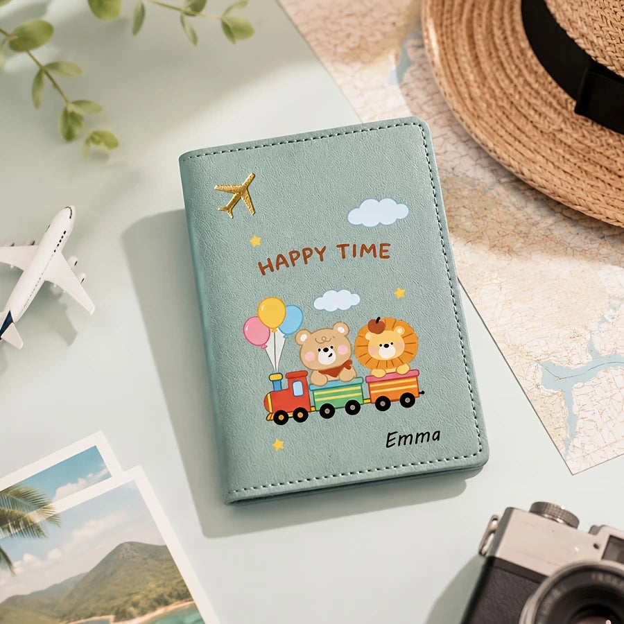 Custom Cute Cartoon Animal Bear-pattern Passport Cover with Custom Name, Text Passport Book Holder, Passport Protector