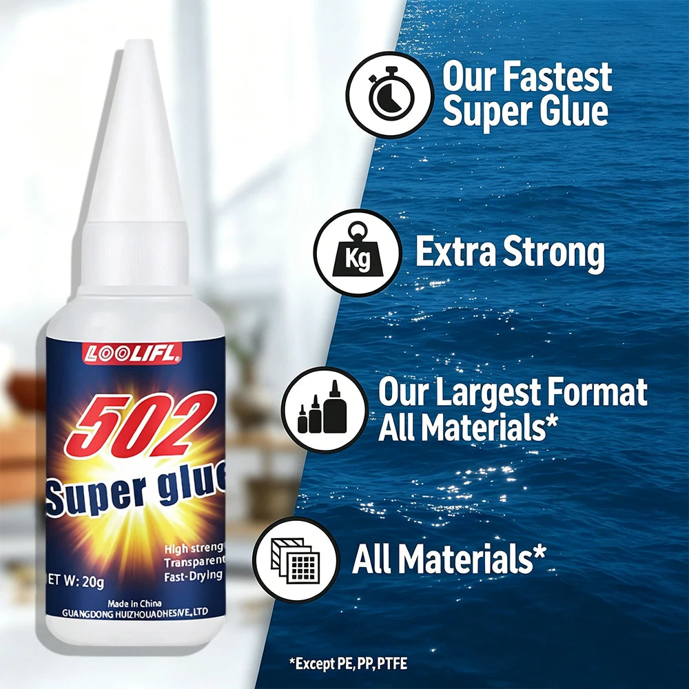 20g Clear 502 Super Instant Glue Fast Curing Strong Bond Low Odor Multi Material Repair Adhesive for Metal Plastic Wood Ceramic
