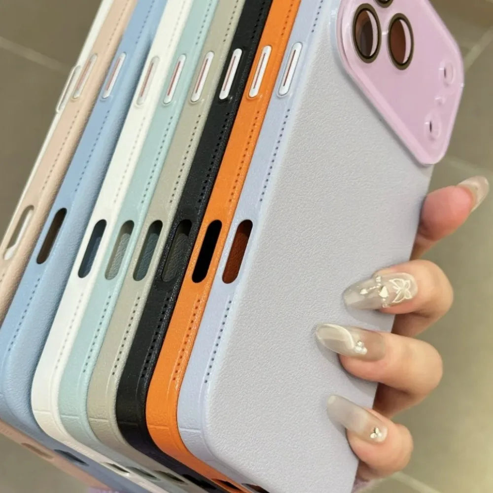 Luxury HD Hard Glass Camera Case For iPhone 17 Air 16 15 14 13 12 11 Pro Max Plus Hard PC Leather Texture Armor Shockproof Funda