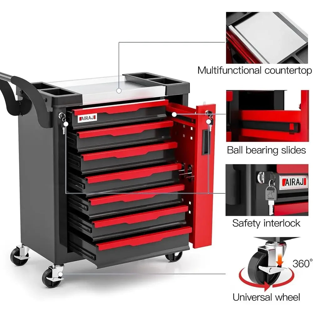 Rolling Tool Chest with Side Drawers and Lockable Storage for Workshop and Garage