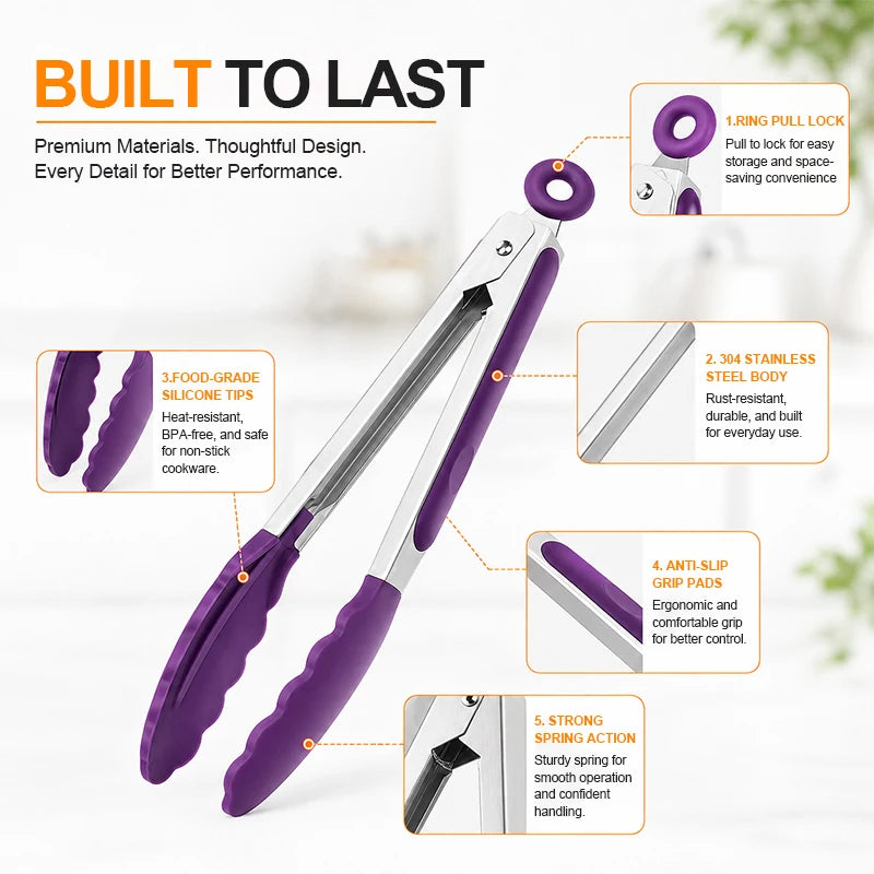 8 Inch Silicone Kitchen Tongs Heat Resistant BPA-Free Stainless Steel BBQ Grill Food Tongs Anti-Slip Cooking Clip for Steak