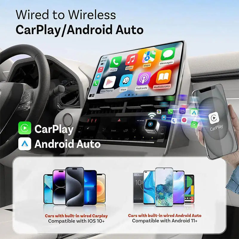 Skilldrive 2026 2 in 1 Mini Wireless CarPlay Adapter 2 Phones One-Tap Switch Android Auto AI Smart Box for Wired CarPlay Car
