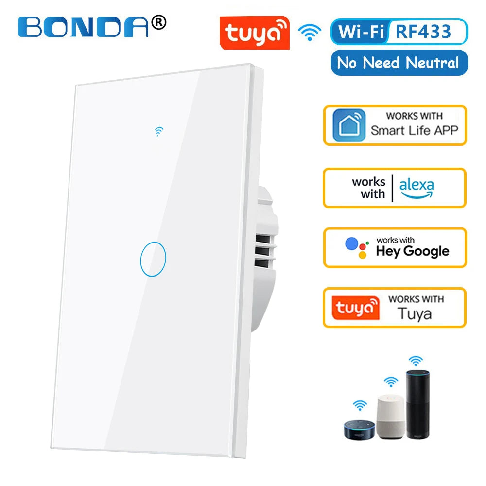 Tuya WiFi Smart Light Switch RF433 No Neutral Wire Required Wall Touch Sensor Switch Voice Control Work with Alexa Google Home 4
