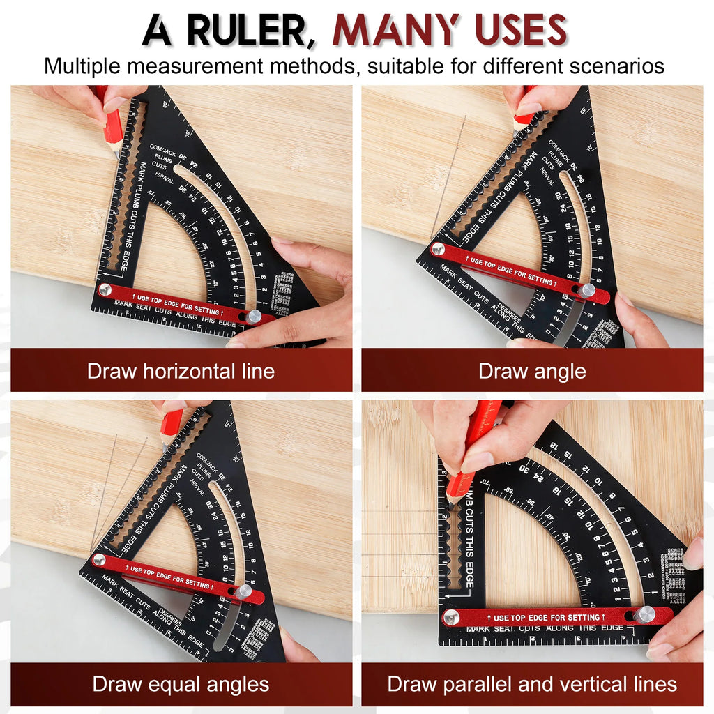 7'' Woodworking Triangle Ruler Aluminum Alloy Rafter Square Adjustable Triangle Ruler with Pencil for Measuring Woodworking Tool